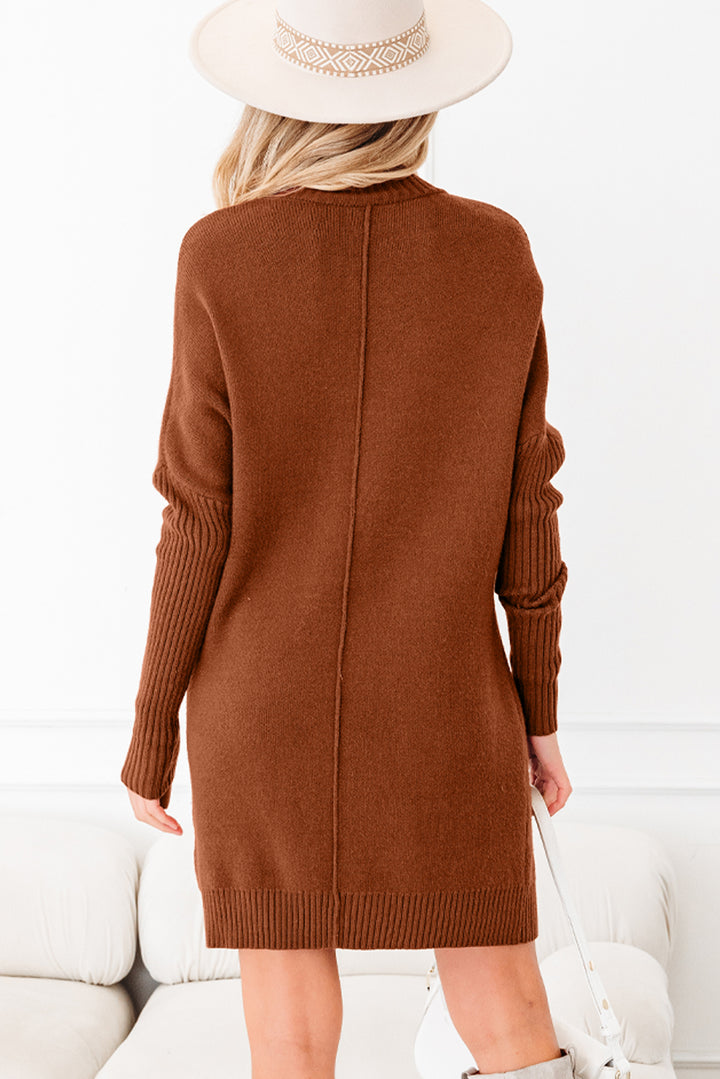 Ribbed High Neck Front Pockets Center Seam Shift Sweater Dress