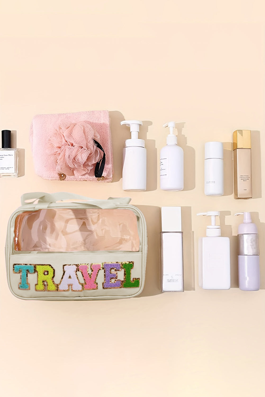 Trousse de maquillage TRAVEL en PVC transparent avec lettres en chenille