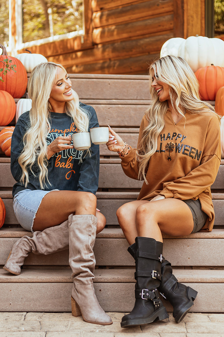 Sequin Happy Halloween Graphic Notched Neck Long Sleeve Loose Top