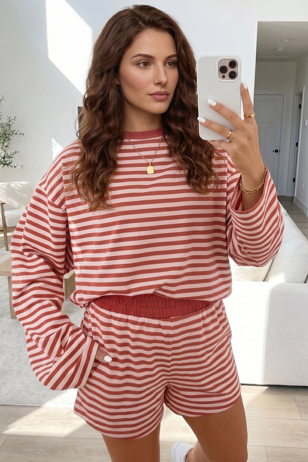 Brown Stripe Relaxed Long Sleeve Top Contrast Elastic Waistband Short Set