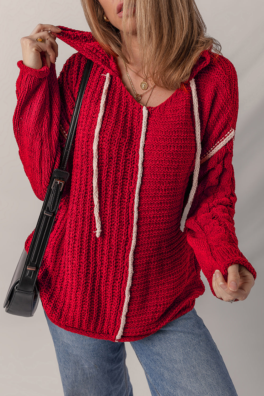 Color Contrast Trim Textured Knit Drawstring Hooded Sweater