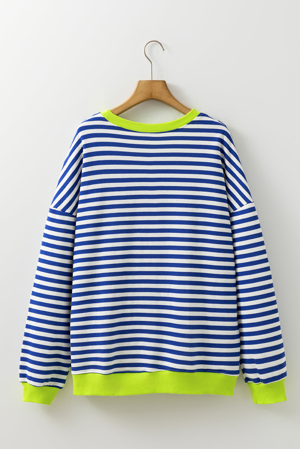 Striped Contrast Ribbed Trim Crossed Stitch Drop Shoulder Sweatshirt
