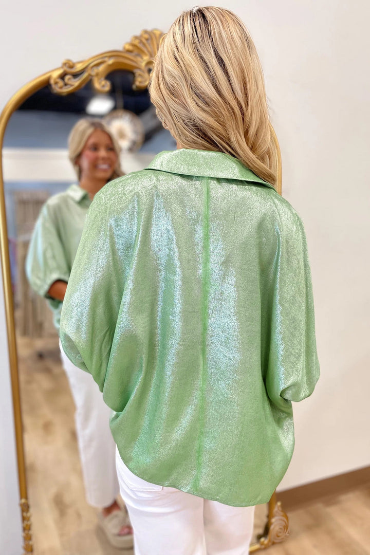 Clearly Aqua Collared V Neck Half Sleeve Metallic Top