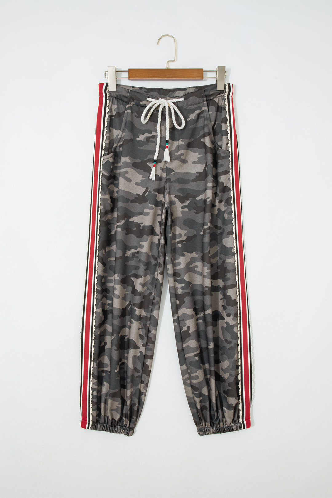 Green Camouflage Print Striped Side Panel Patchwork Drawstring Pants