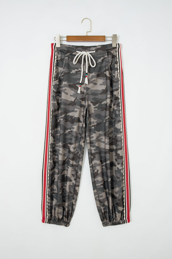 Green Camouflage Print Striped Side Panel Patchwork Drawstring Pants