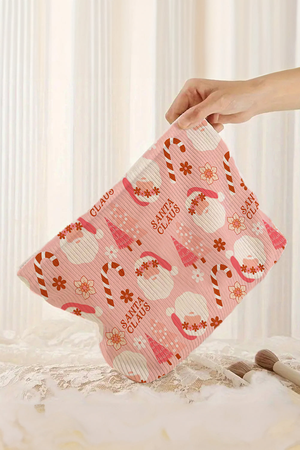 Christmas Fashion Print Corduroy Zip Up Cosmetic Bag