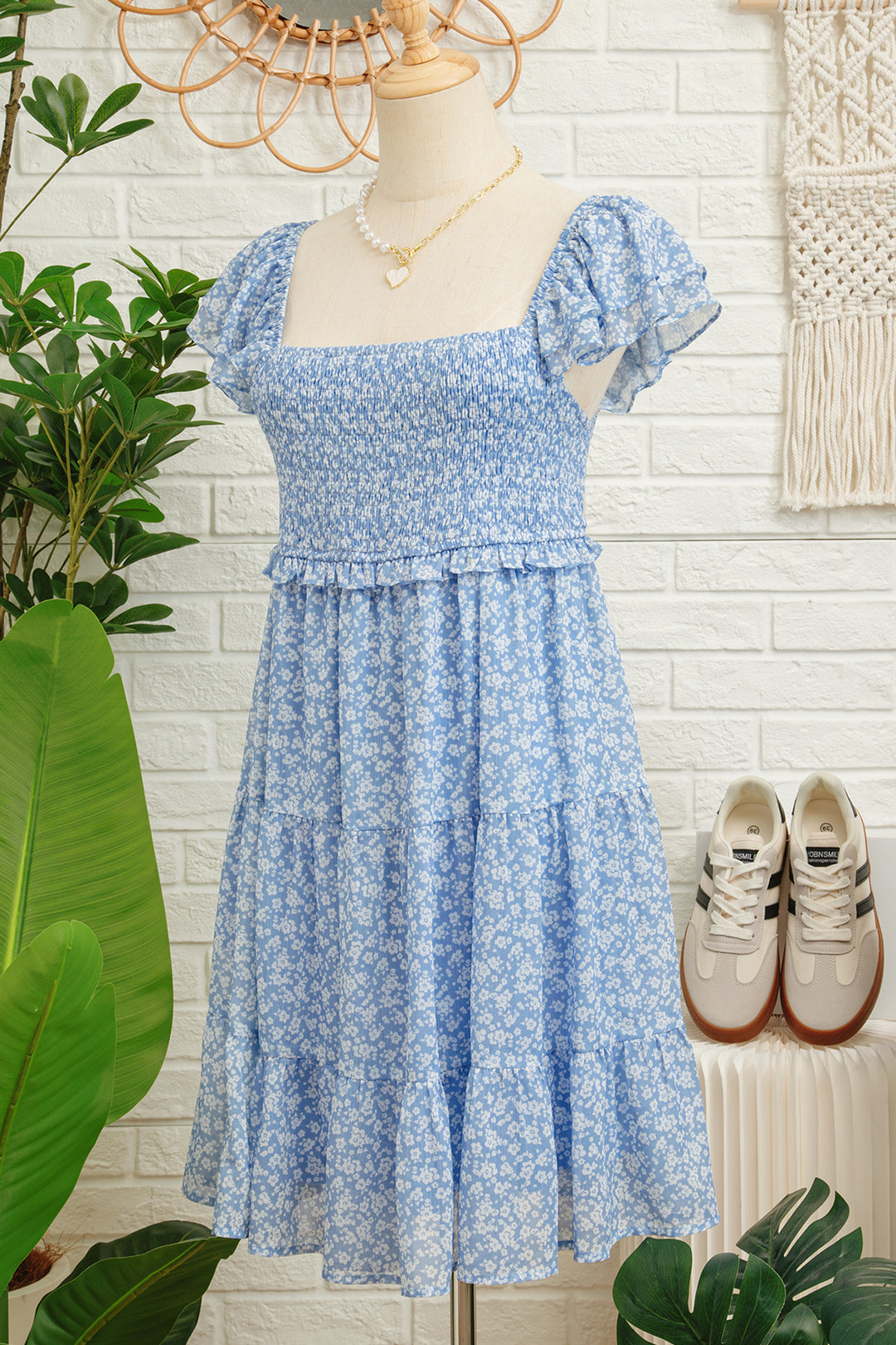 Sky Blue Floral Print Square Neck Flutter Sleeve Smocked Tiered Mini Dress