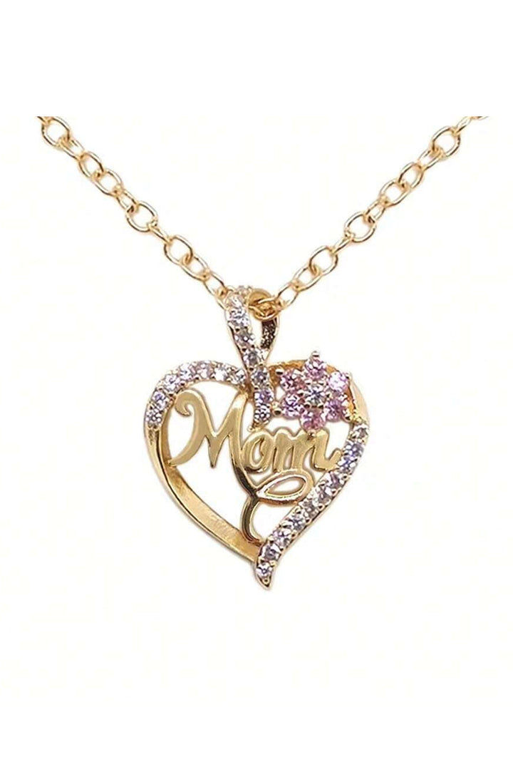 Collier Maman avec Fleur en Strass et Coeur Évidé