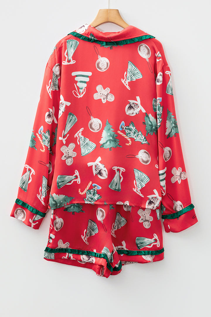 Red Christmas Fashion Print Contrast Ruffle Trim Ribbon Bow Knot 2pcs Pajama Set