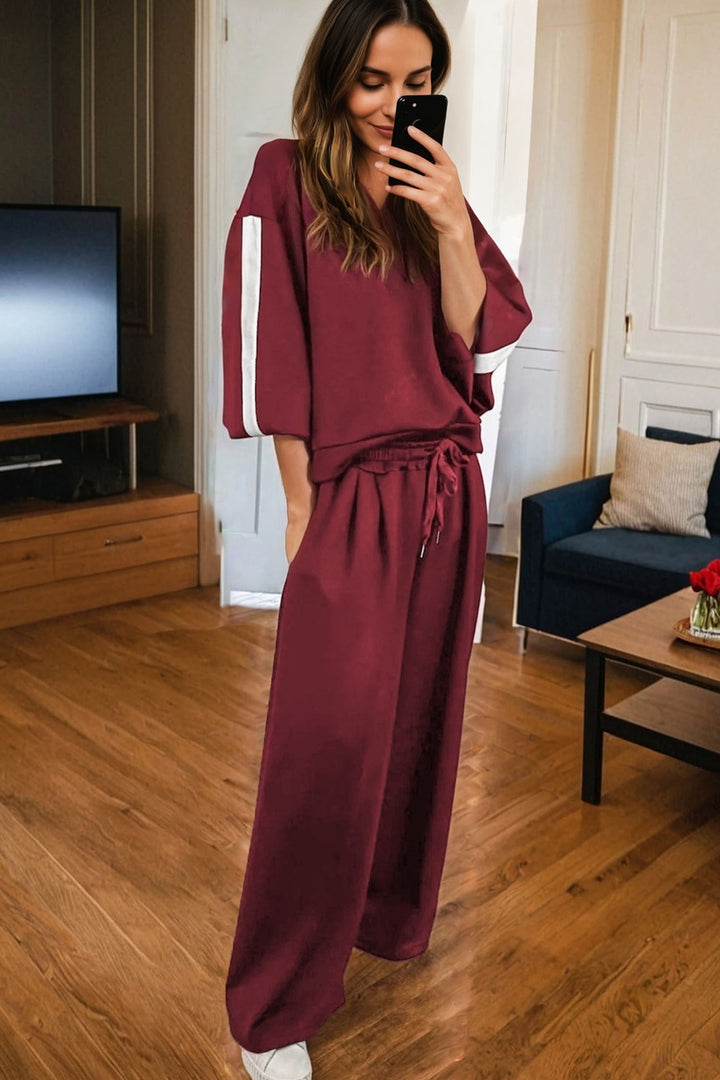 Burgundy Varsity Striped Long Sleeve Pullover Drawstring Sweatpants Set