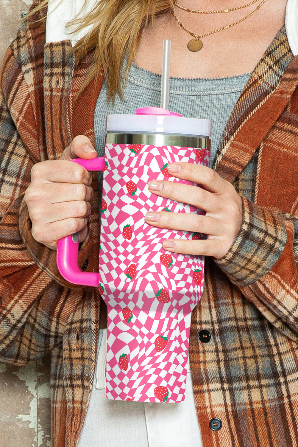 Strawberry Checkered Print Handled Tumbler 40oz
