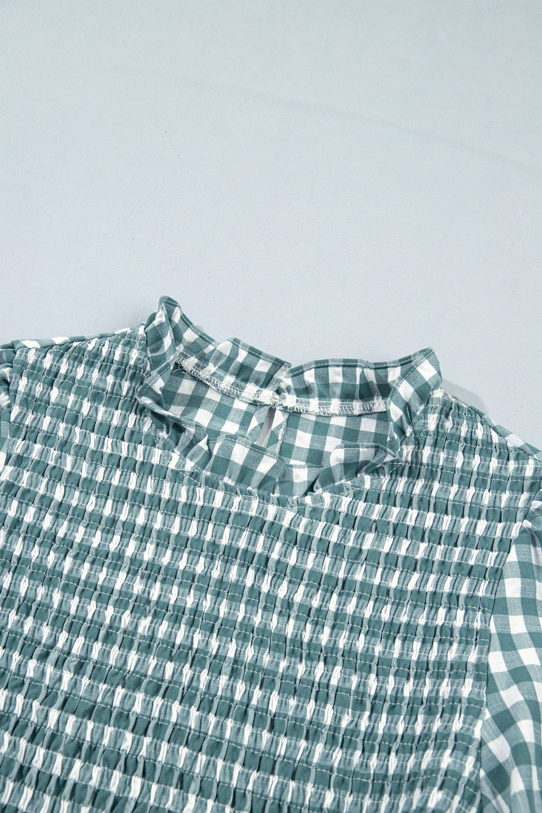 Green 3/4 Sleeve Shirred Plaid Peplum Top