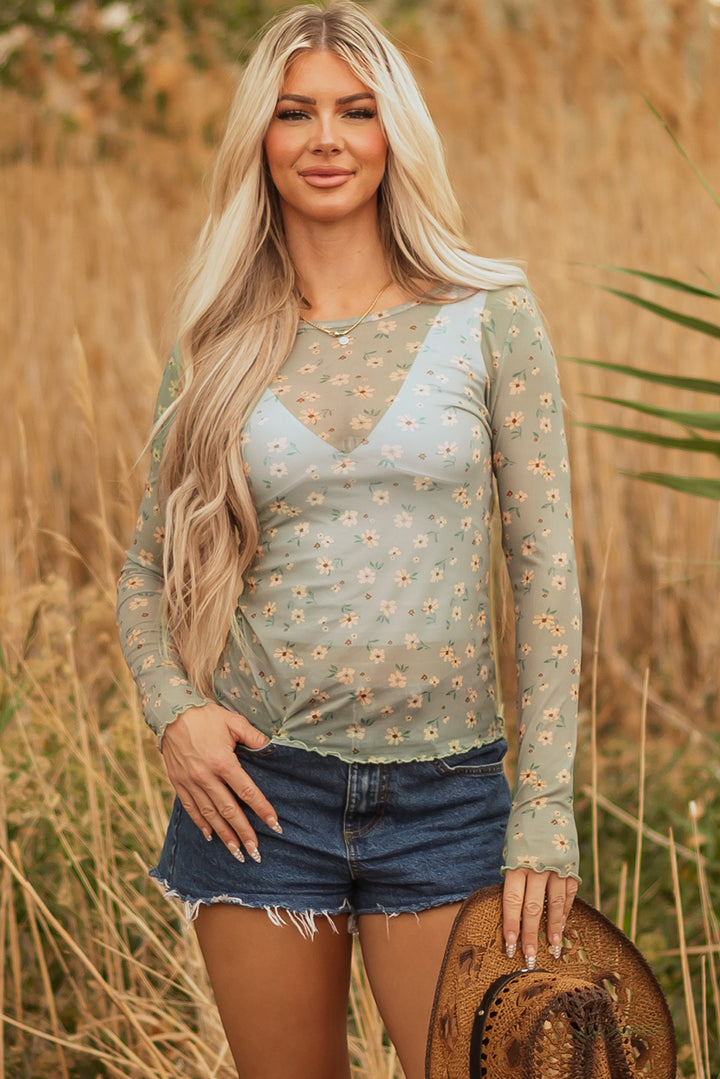 Vintage Floral Print Southern Style Mesh Long Sleeve Top