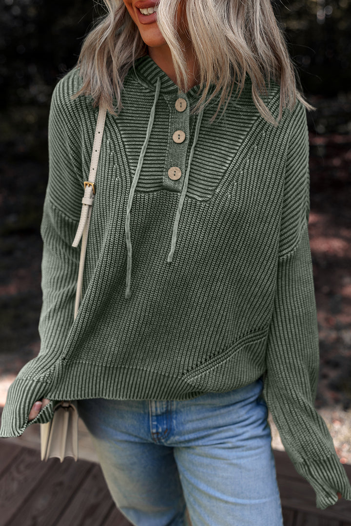 Mineral Wash Ribbed Knit Button Drawstring Neck Hooded Sweater