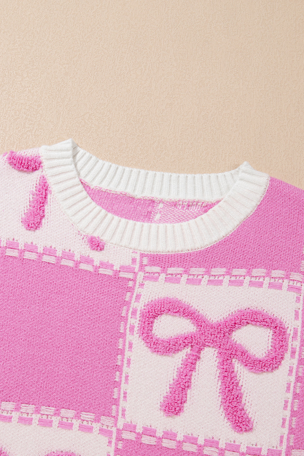 Bow Knot Two Tone Checkered Crew Neck Sweater