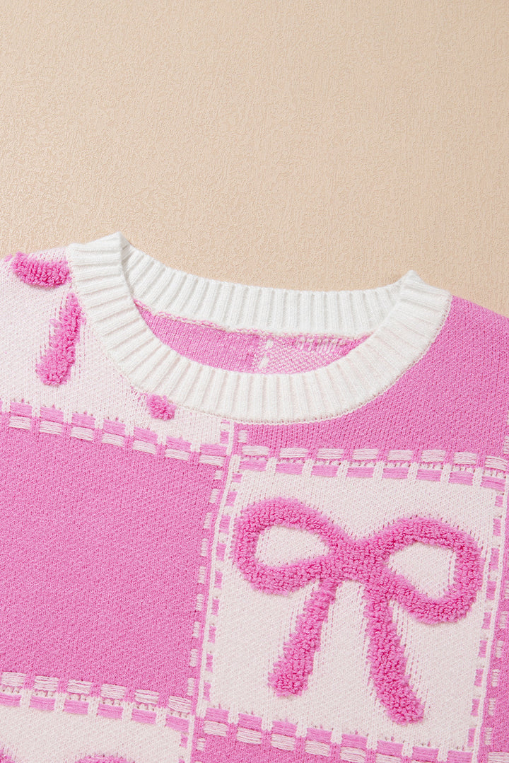 Bow Knot Two Tone Checkered Crew Neck Sweater