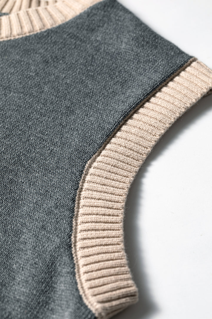 Gray Western Print Colorblock Trim Knitwear Vest