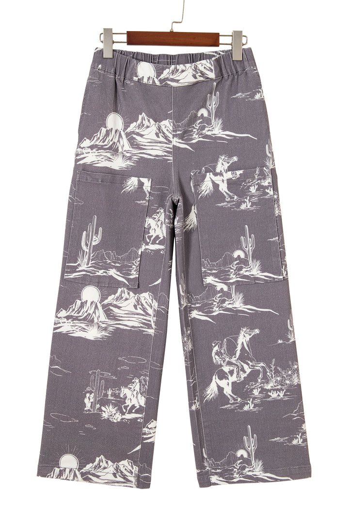 Gray Wild West Riding Vintage Printed Shift Jeans