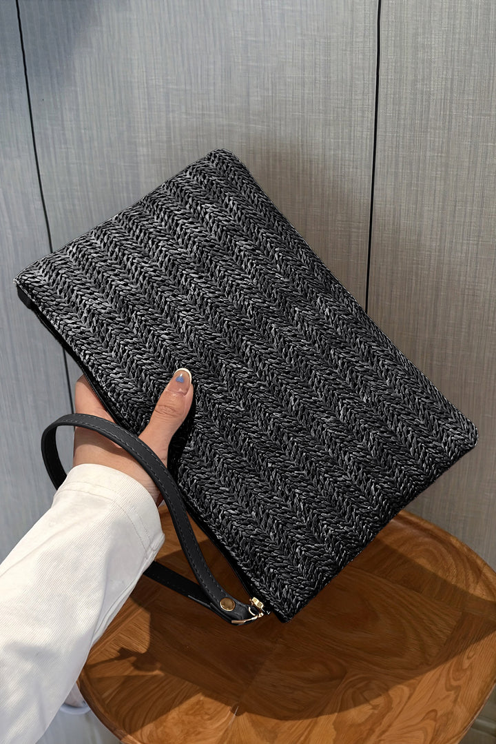 Straw Woven Wrist Strap Zipper Large Wallet