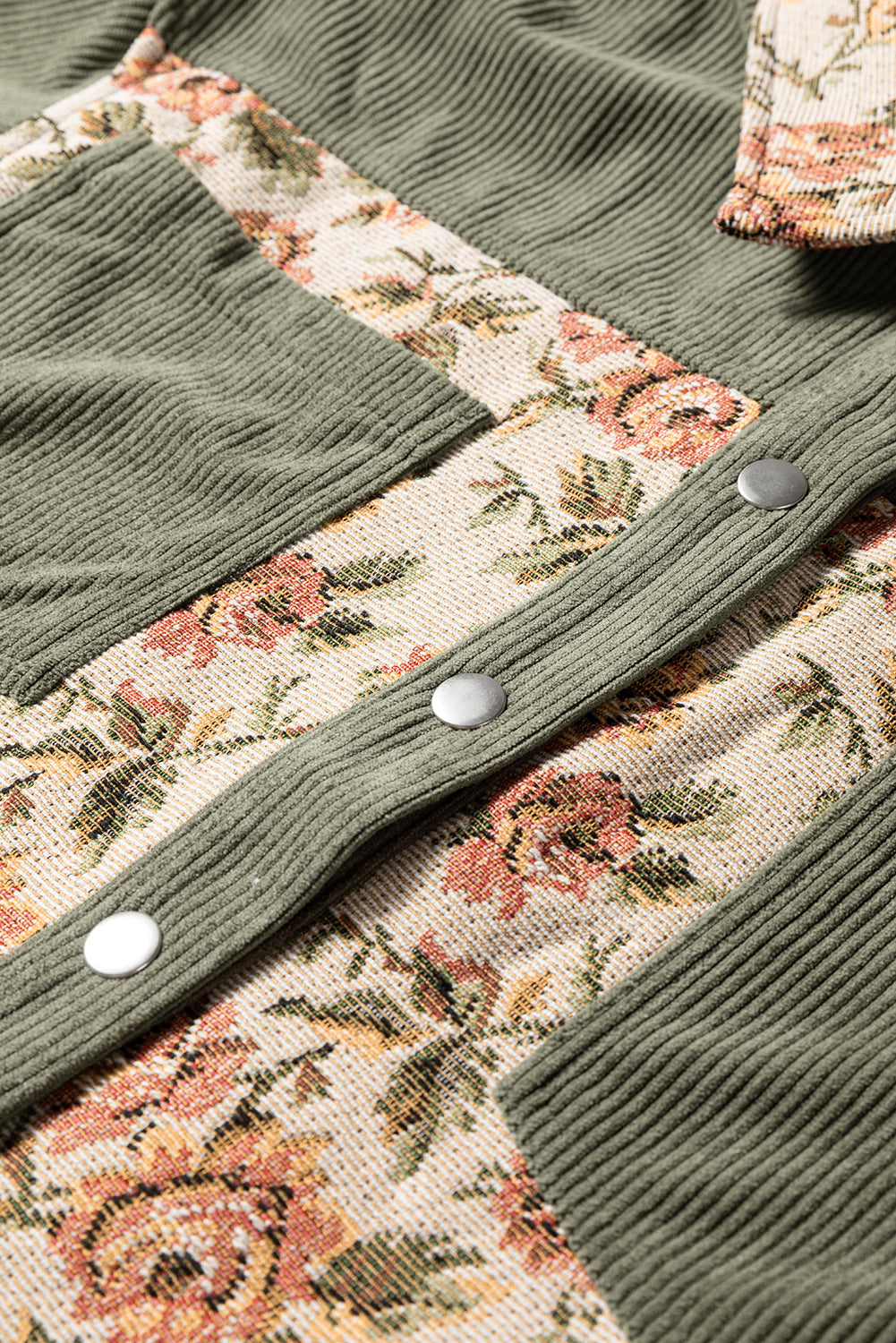 Green Ribbed Retro Floral Patchwork Shirt Style Jacket
