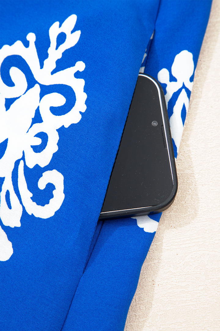 Blue Ethnic Geometric Print Short Puff Sleeve Mini Dress