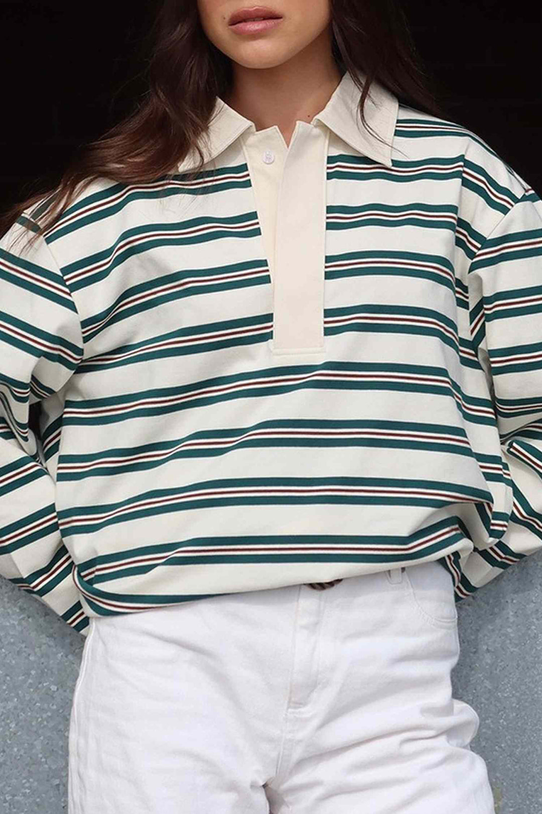 Green Stripe Retro Loose Fit Contrast Collar Long Sleeve Top