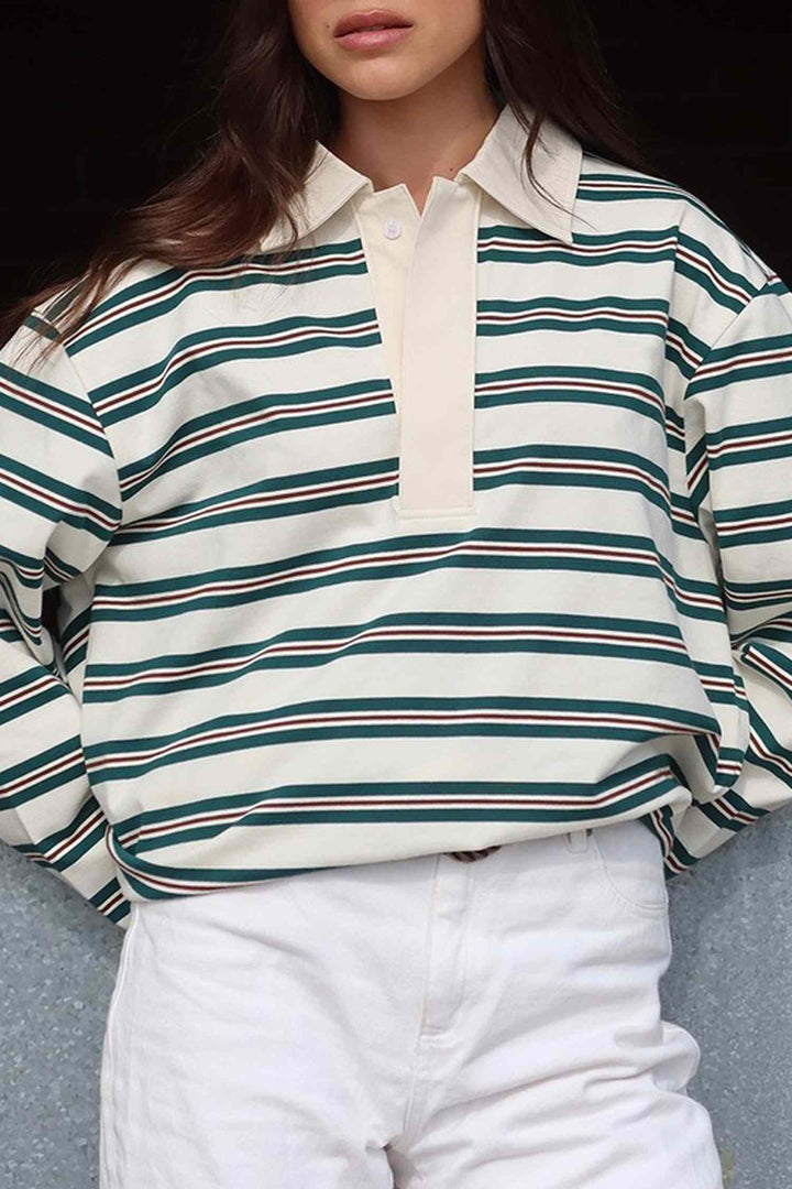 Green Stripe Retro Loose Fit Contrast Collar Long Sleeve Top