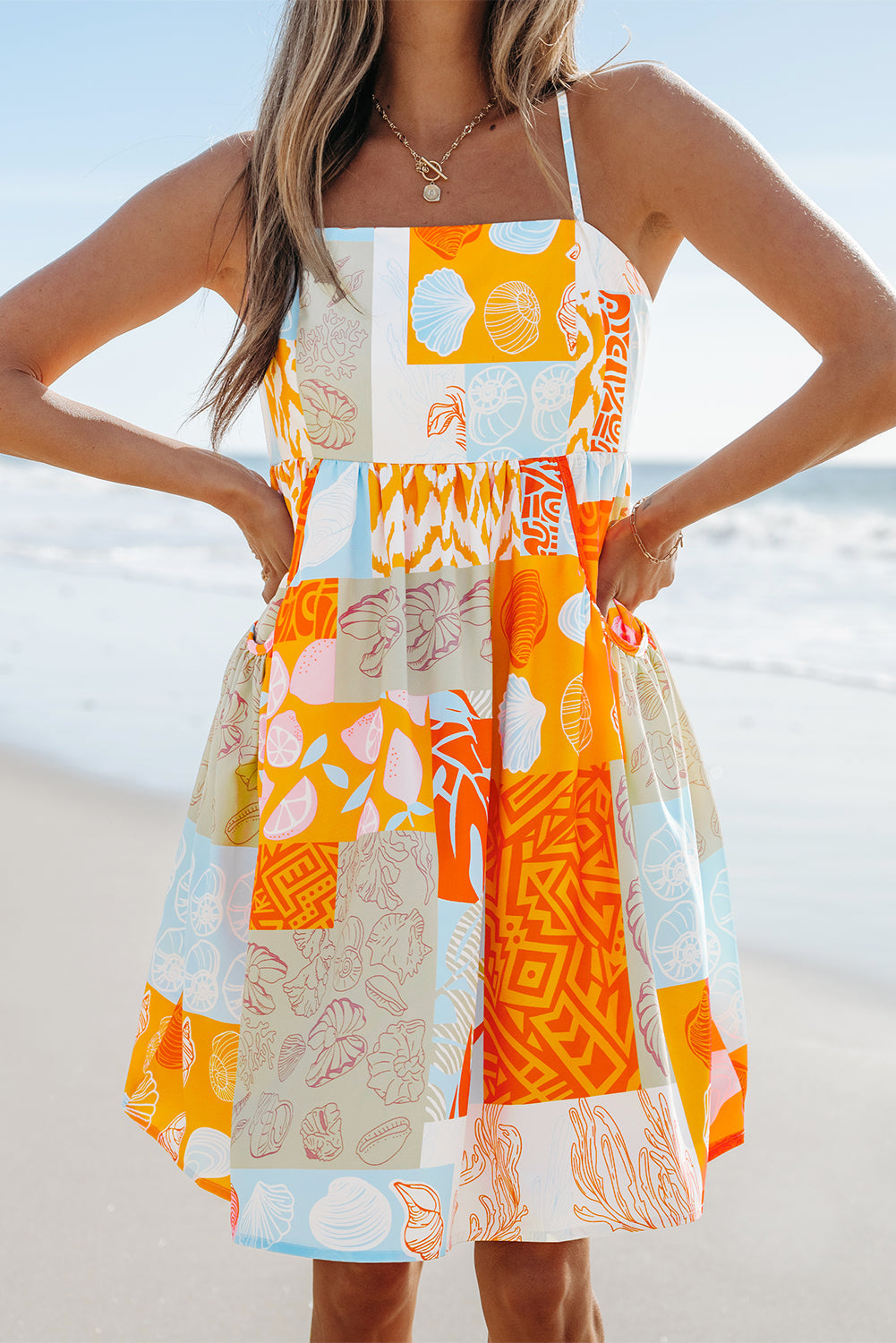 Seashell Patchwork Print Self-tie Flowy Sundress