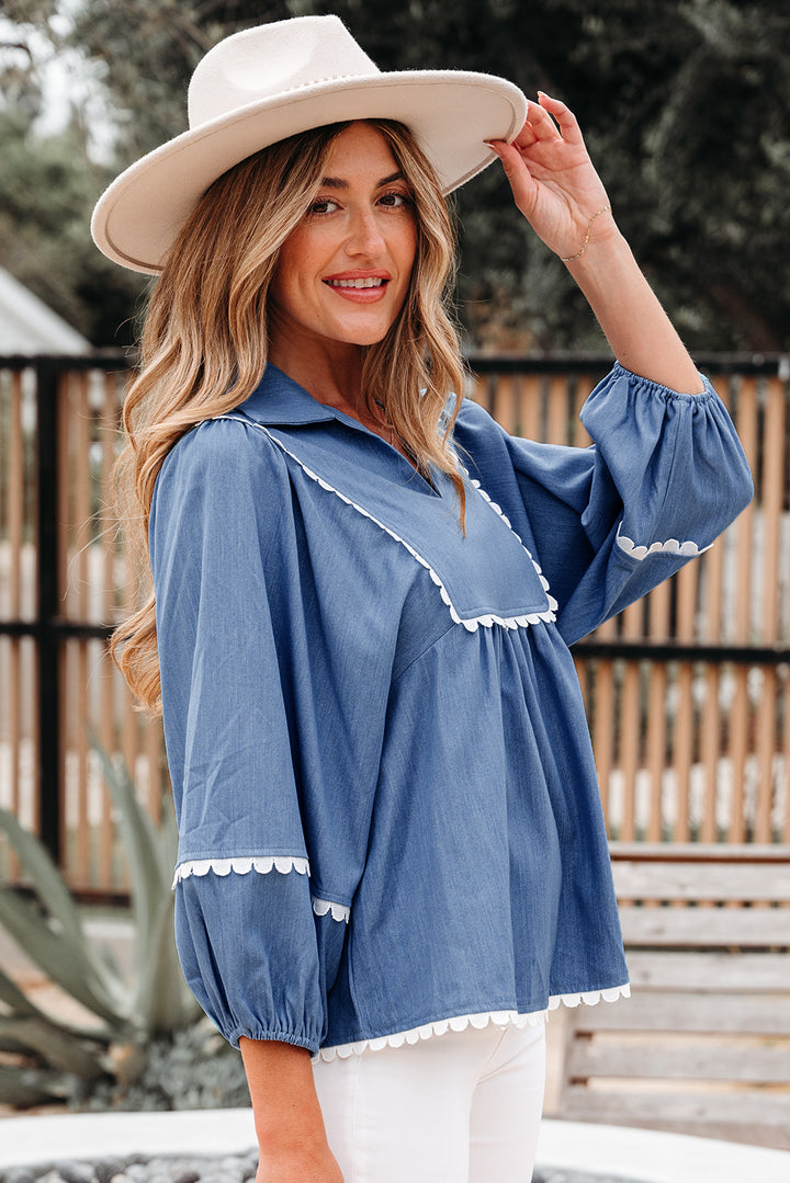 Lace Ric Rac 3/4 Puff Sleeve Collared Babydoll Blouse