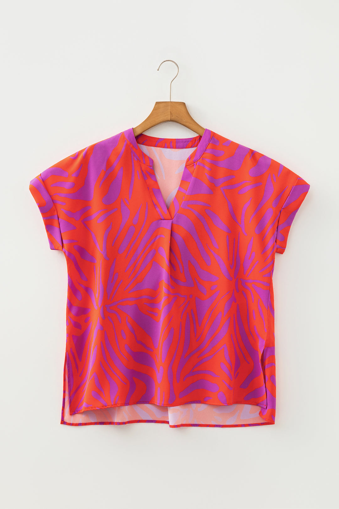 Abstract Print V Neck Cuffed Short Sleeve Shift Slit Blouse