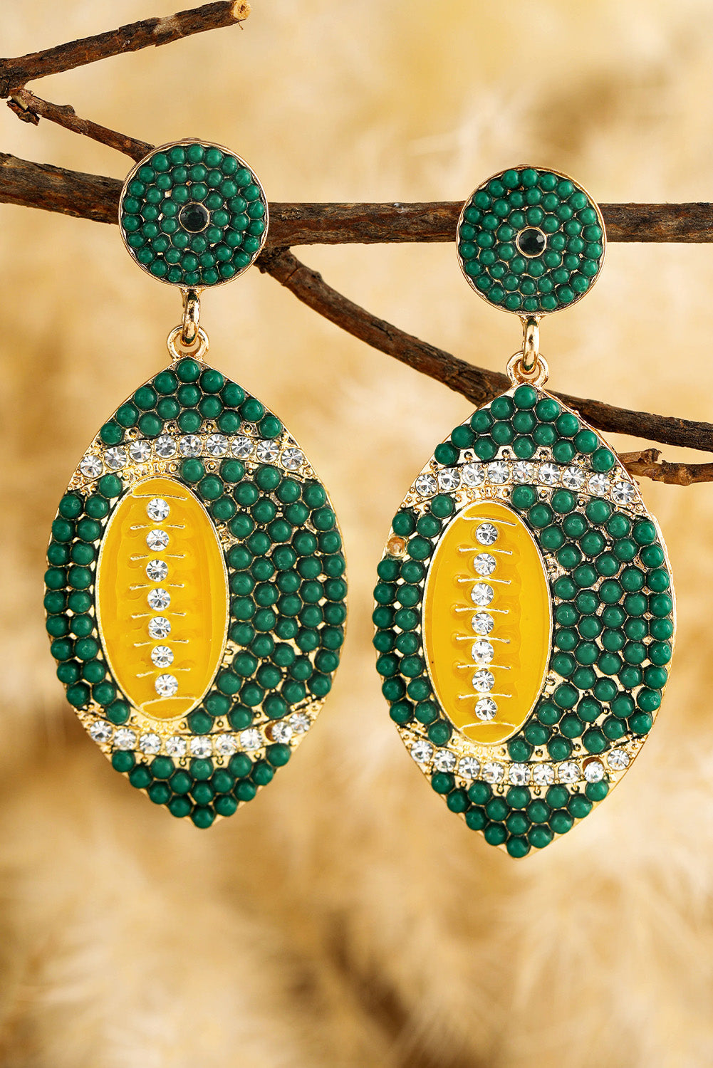Boucles d'oreilles pendantes en perles et strass, motif rugby