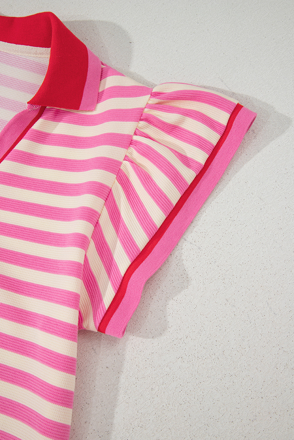 Pink Stripe Print Contrast Collar Split Neck Flutter Sleeve Short Dress