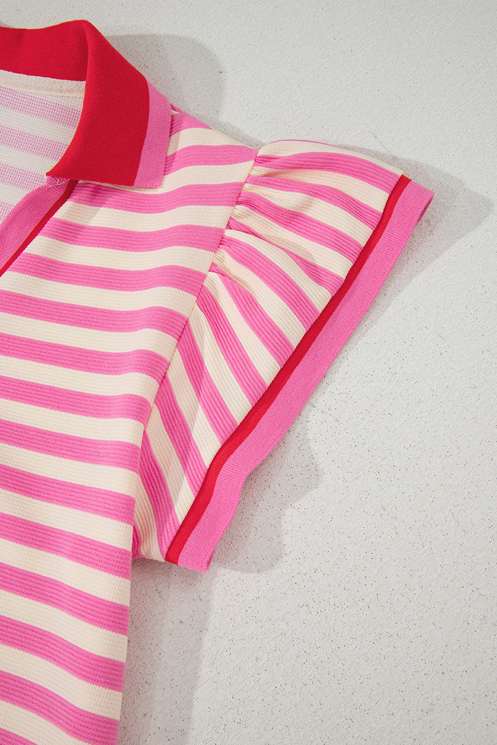 Pink Stripe Print Contrast Collar Split Neck Flutter Sleeve Short Dress
