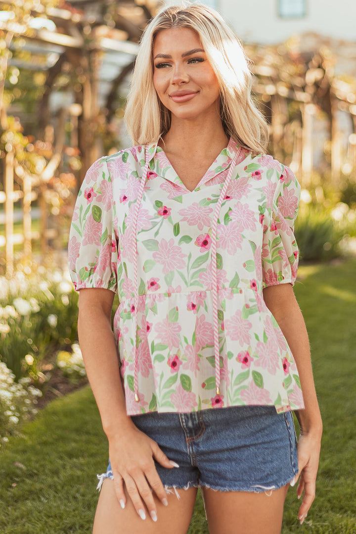 floral print drawstring v neck peplum blouse