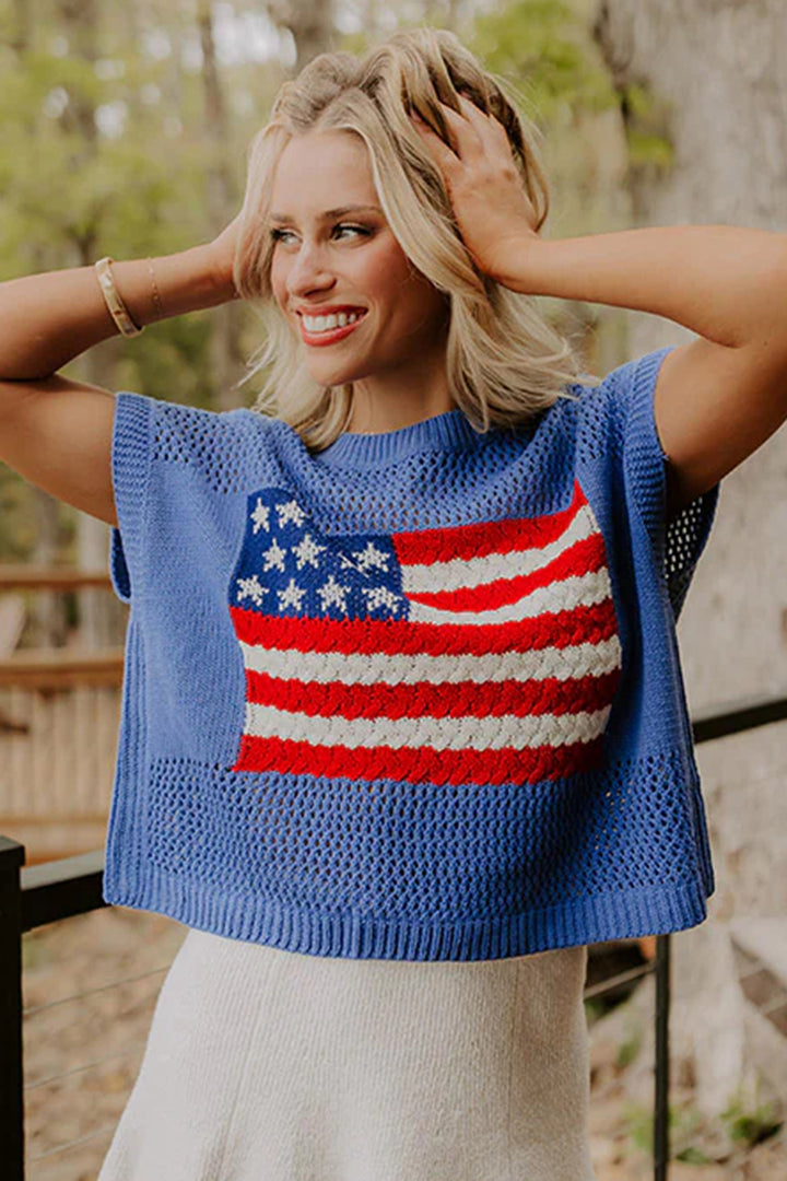 Sky Blue Flag Graphic Short Sleeve Sweater Top