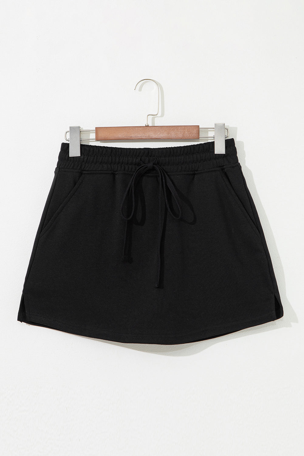 Black French Terry Drawstring Elastic Waistband Mini Skort