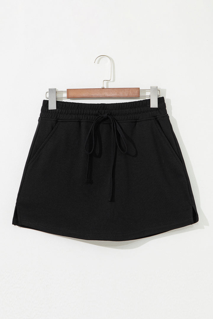 Black French Terry Drawstring Elastic Waistband Mini Skort