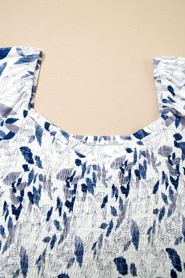 Smocked Bodice Short Puff Sleeve Tiered Floral Midi Dress