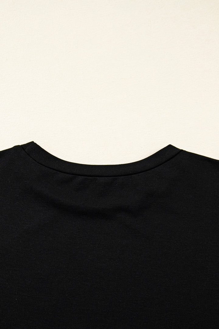 Black Bow Knot Patchwork Crewneck Plus Size Blouse