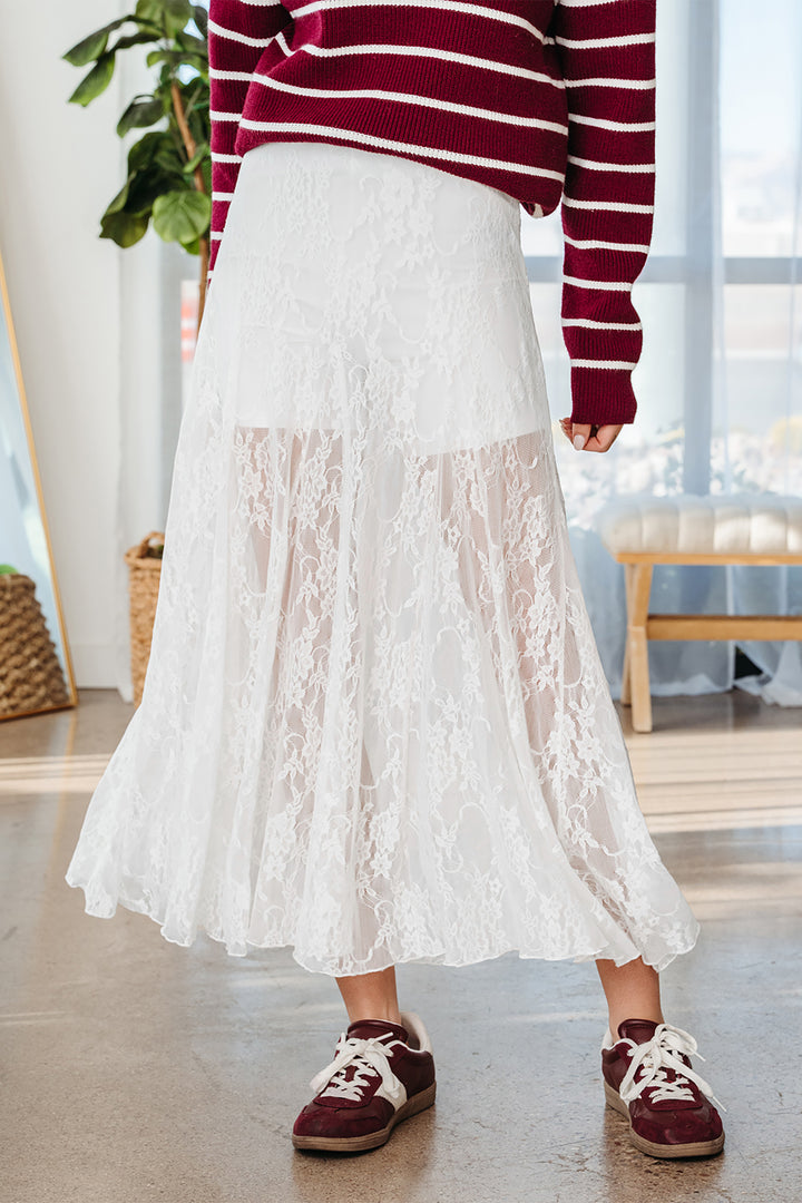 Chic White Sheer Floral Lace Flowy Maxi Skirt