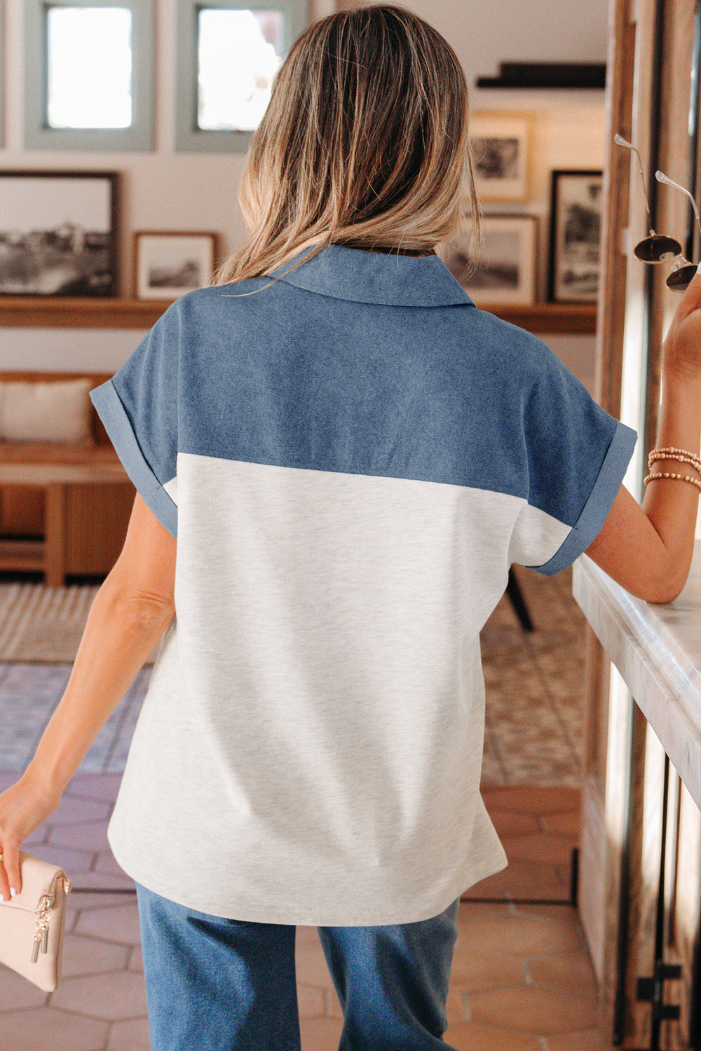 Color Block Denim Patchwork Button Polo Collar Short Sleeve Top