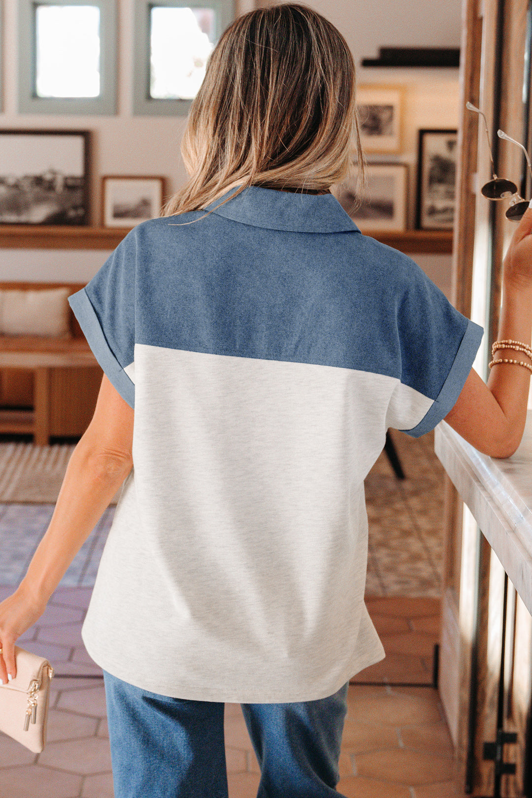 Color Block Denim Patchwork Button Polo Collar Short Sleeve Top