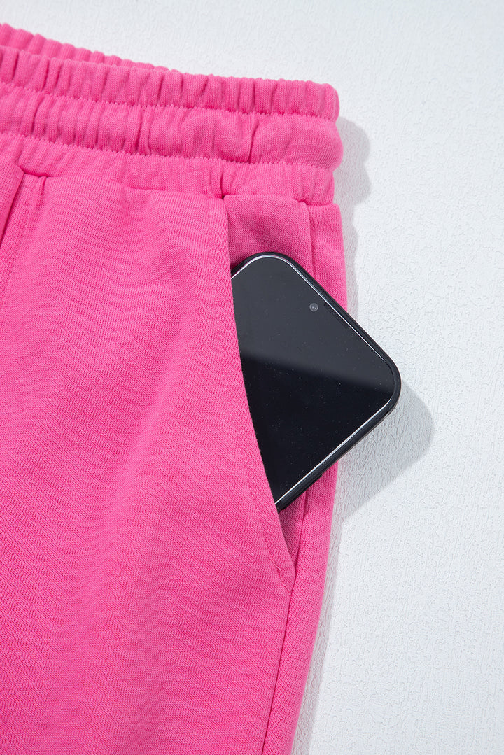 Bright Pink Raw Edge Half Buttons Pullover and Jogger Pants Set