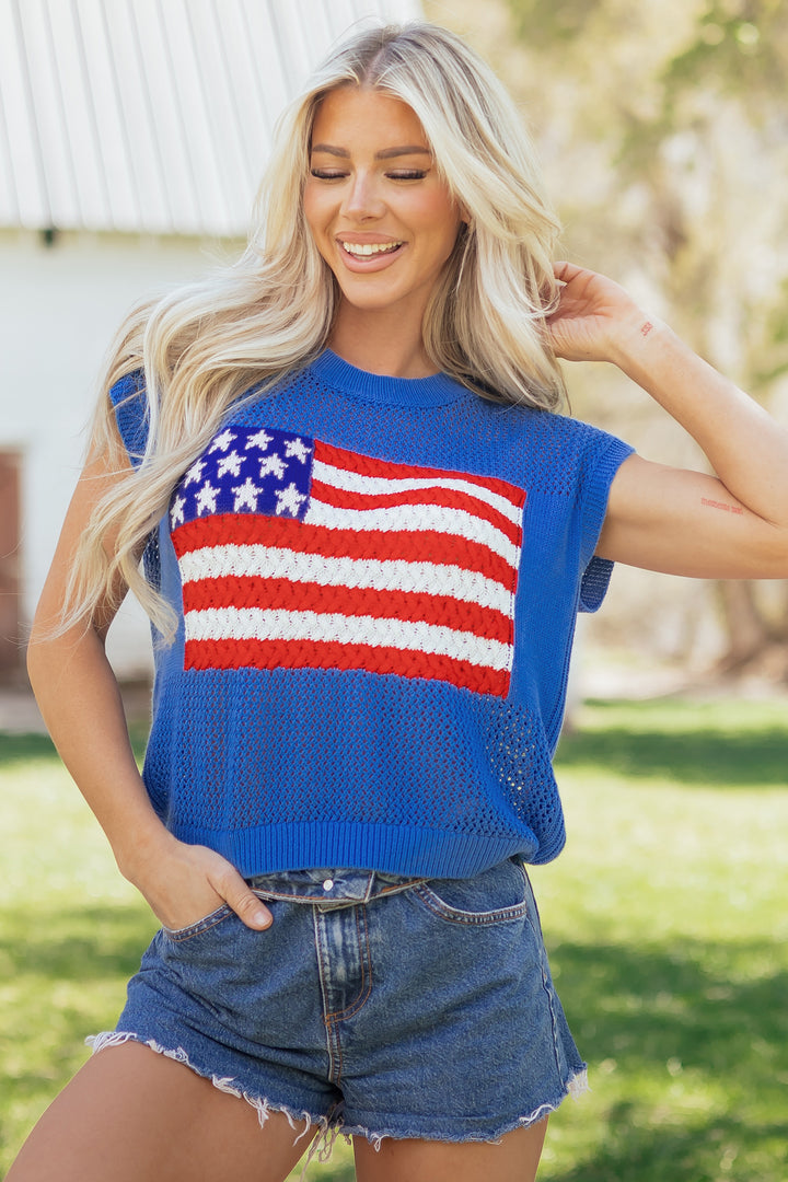 Sky Blue Flag Graphic Short Sleeve Sweater Top
