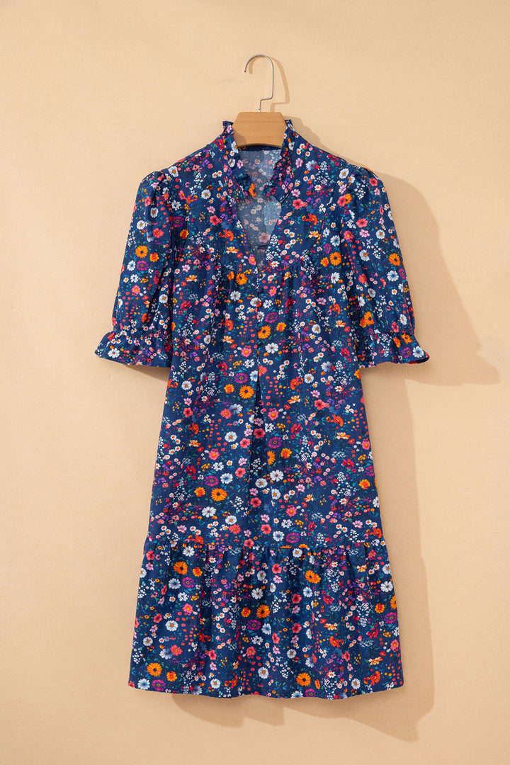 Wild Daisy Floral Split Neck Short Puff Sleeve Mini Dress