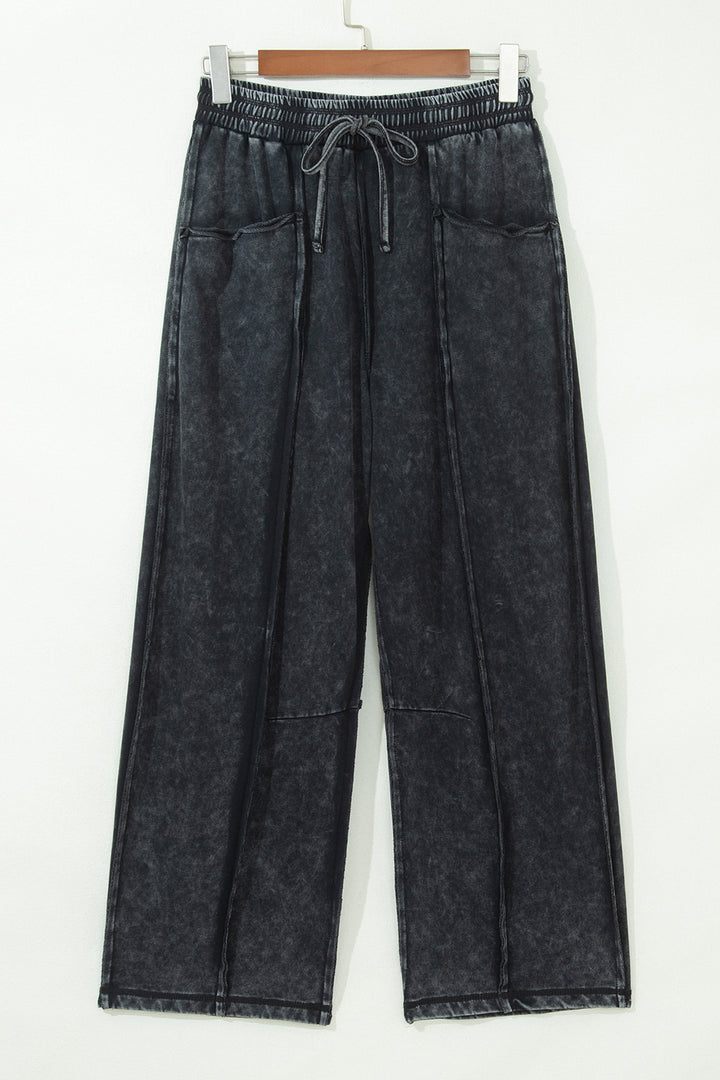 Black Raw Seam Drawstring Elastic Waist Barrel Pants