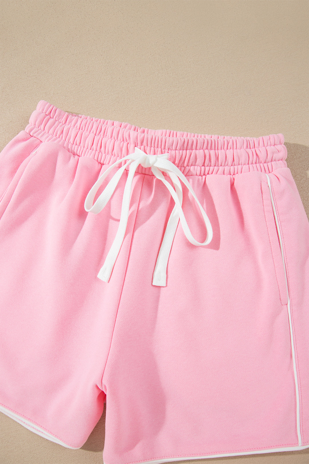 Pink Piping Trim Long Sporty Pullover Drawstring Elastic Waist Shorts Set