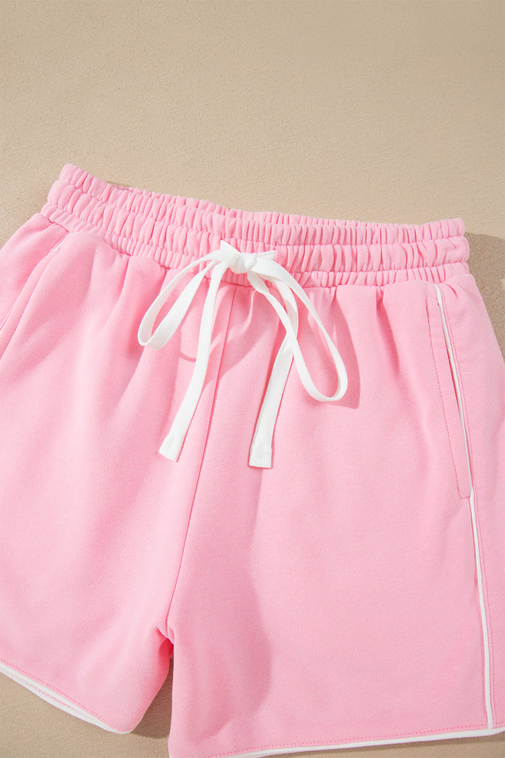 Pink Piping Trim Long Sporty Pullover Drawstring Elastic Waist Shorts Set
