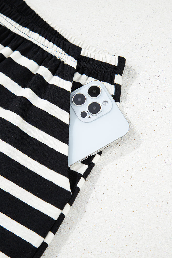 Black White Striped Short Sleeve Top and Shorts Set