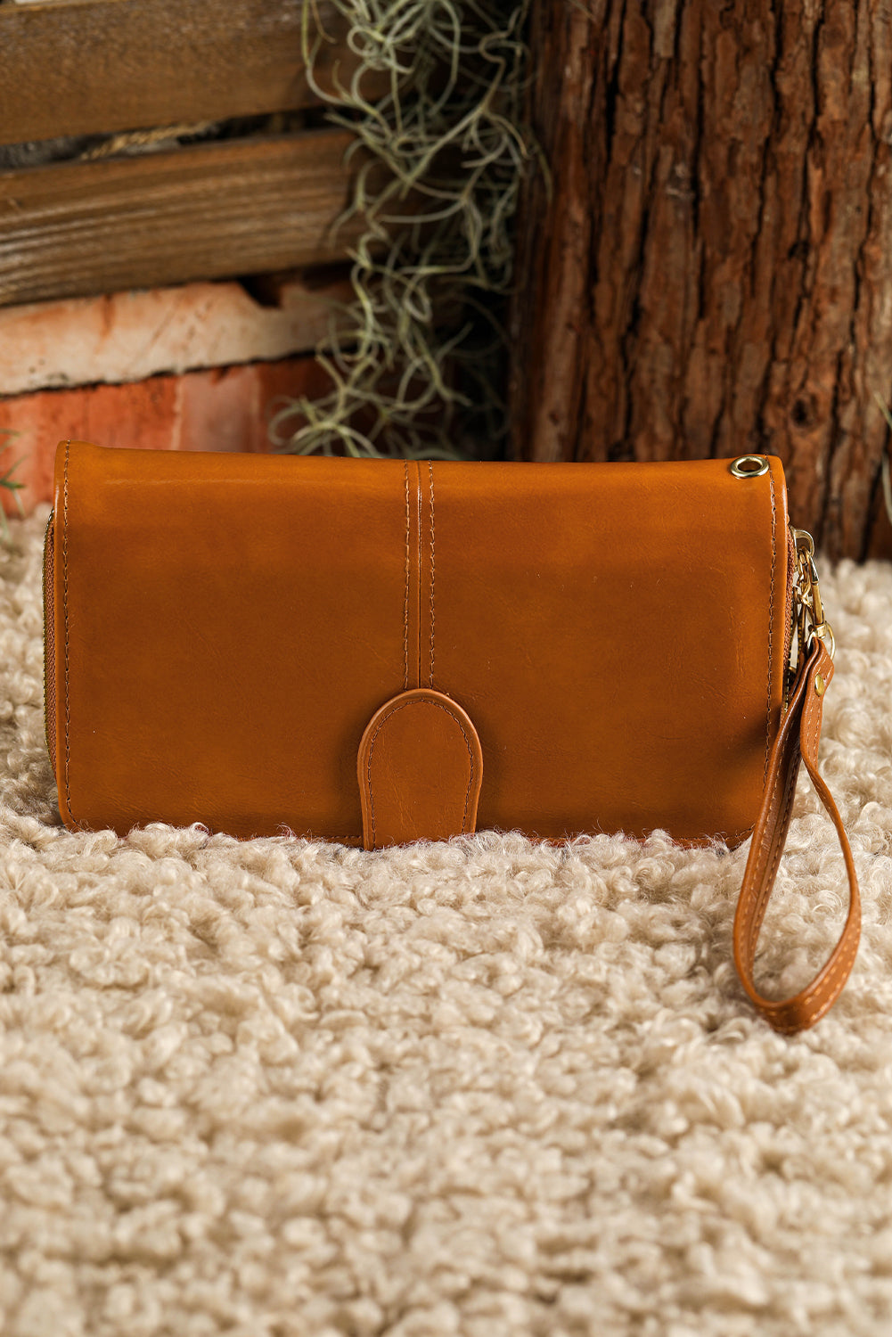 Faux Leather Zip Around Wrist Strap Long Wallet